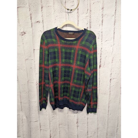 J. McLaughlin Men's Sweater Round Neck Green Red Plaid Size Large Cotton Modal‎ - Picture 1 of 8